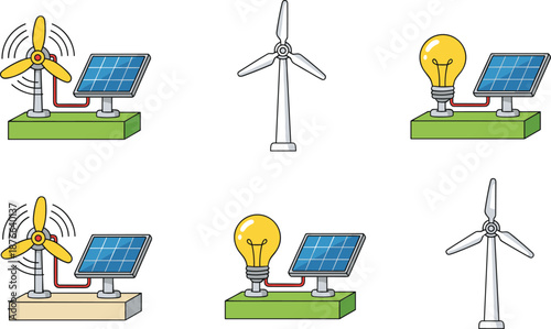 Renewable energy illustration set with wind turbines, solar panels, light bulbs, and generators, eco-friendly power concepts for sustainability, green technology, clean electricity
