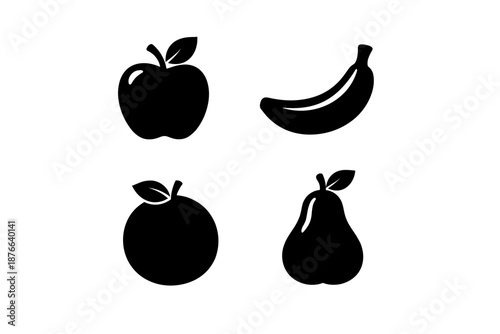 Simple black icons of apple, banana, orange, and pear on a white background
