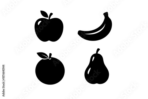 Simple black icons of four different fruits arranged in a grid