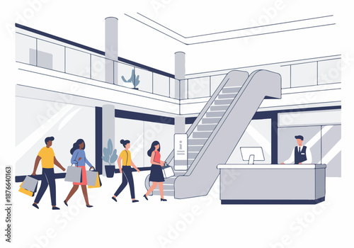 Diverse Shoppers Enjoying a Modern Mall Experience, Walking with Shopping Bags Near Escalators and an Information Desk Attendant