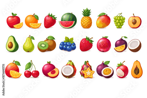 Collection of vibrant, fresh fruits arranged in rows on a white background