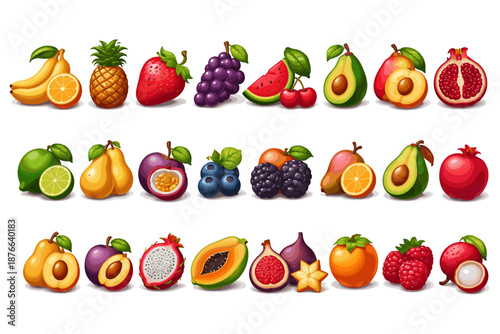 A vibrant collection of diverse, fresh fruits arranged in rows for visual appeal