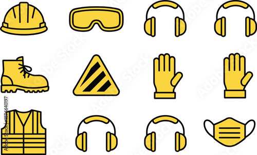 Safety equipment icon set featuring hard hat, goggles, ear protection, gloves, boots, vest, mask, and warning sign, workplace safety symbols for construction and industrial projects