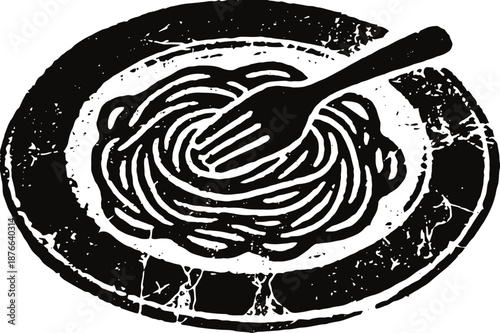 Hand drawn illustration of spaghetti pasta on a plate with a fork twirling noodles