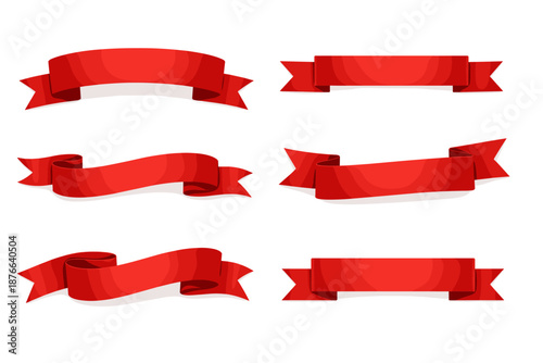Collection of six different red ribbon banners for design and decoration