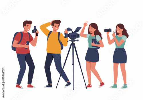 Young, diverse team of creative professionals producing digital content: videographer, photographer, and presenter collaborating on a modern media project.