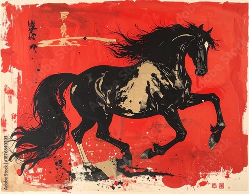 A dynamic black horse on a vibrant red background.