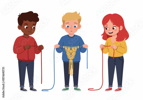 Diverse Kids Learning to Knit: A Fun Children's Craft Activity for Creative Development and Skill Building in an Educational Setting