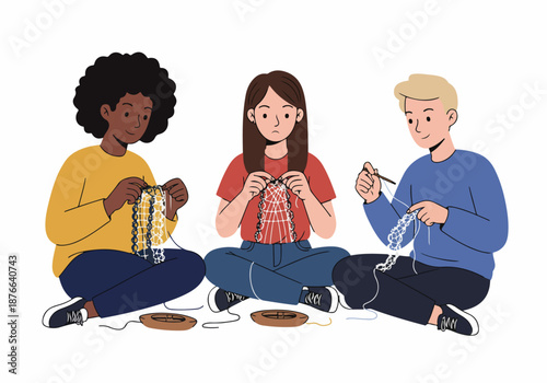 Diverse young friends enjoying a creative craft session, making intricate lace or knitted patterns together, highlighting hobby, togetherness, and handmade artistry.