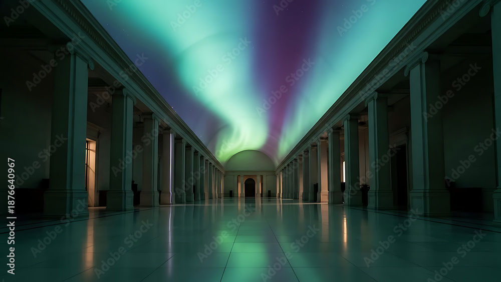 Fototapeta premium Aurora borealis light projection illuminating a grand hall with classical columns and reflective floor.