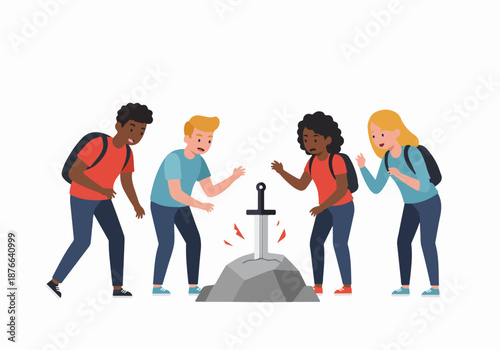 Diverse young people discover a legendary sword in the stone, symbolizing challenge, adventure, and destiny. A mythical quest or a test of leadership and strength unfolds.