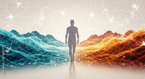 Man walking towards futuristic digital landscape with vibrant colors