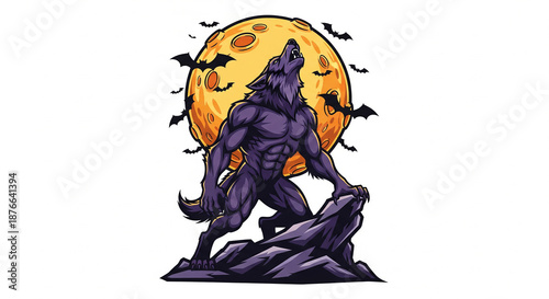 Muscular purple werewolf howls at full moon with bats flying around