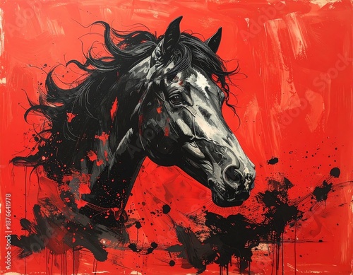 Artistic black horse head on a vivid red background.