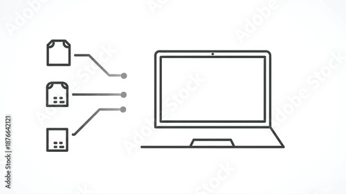 Laptop computer icon animation with document files connecting to the screen on white background