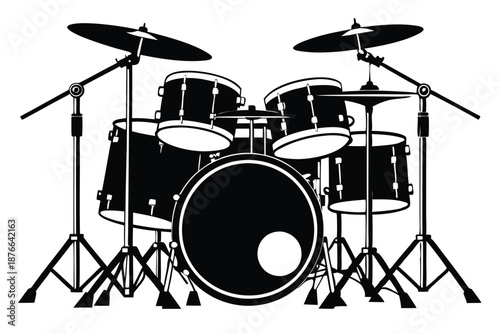 Classic Rock Drum Set Silhouette Isolated on White Background for Concert and Gig Promotion