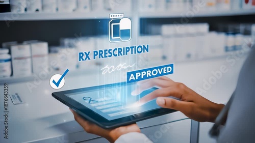 Pharmacist holding digital tablet with holographic RX prescription approved interface, visualizing electronic medicine ordering, online pharmacy automation, and smart healthcare technology concept.