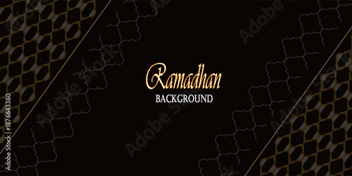 Ramadan Kareem Black gold brownwith beautiful arabesque pattern and hanging lanterns. Modern trendy design