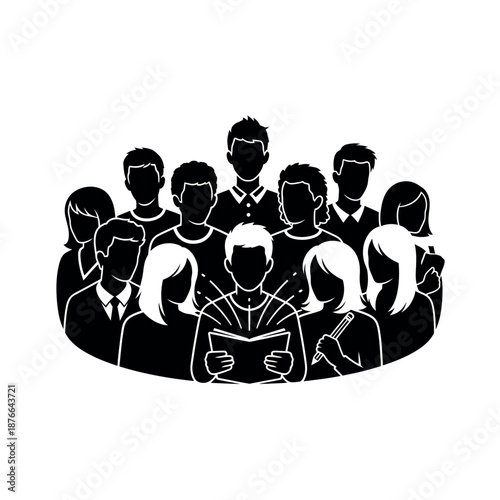 Group of diverse people reading a book together.