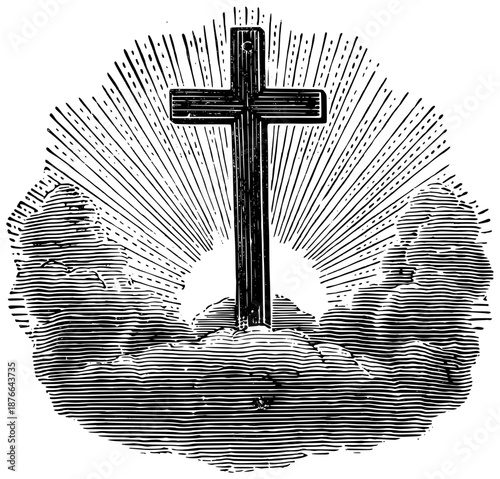 Religious Cross with Rays and Clouds Design