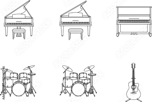 A collection of intricate illustrations showcasing the elegant forms of various musical instruments, capturing the essence of musical artistry and the beauty of instrumental design.