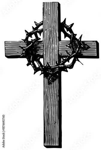 Wooden Cross with Crown of Thorns Illustration
