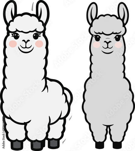  Minimalist vector sticker of an alpaca standing, soft wool shape simplified, clean outline, flat friendly design, white background, artisan branding