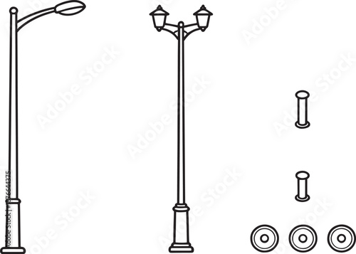 Street Lamp Designs: A detailed illustration showcasing two distinct street lamp designs alongside supporting components, such as bollards and decorative covers.