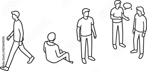 Illustrative figures depict a collection of everyday activities and interactions in a clean, minimalist style. From walking to conversing, each silhouette captures human form and movement simply.