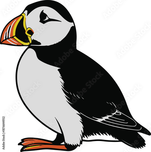 Minimalist vector sticker of a puffin side view, simplified beak shape, clean outline, flat design, white background, tourism marketing use 2