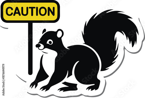 Minimalist vector sticker of a skunk tail raised, simplified warning pose, clean outline, flat icon style, white background, caution label friendly 1