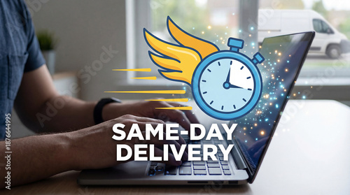 Man using laptop with same day delivery icon on screen