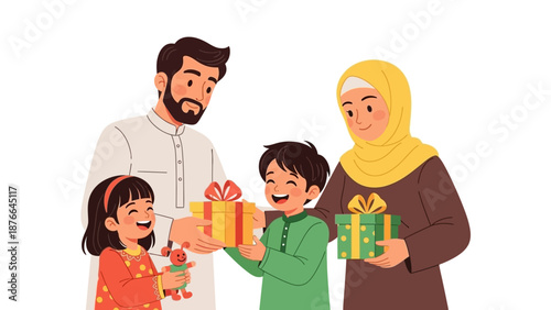 Vector illustration of a Muslim family in Eid style, smiling and exchanging gifts on a white background, conveying a joyful mood.