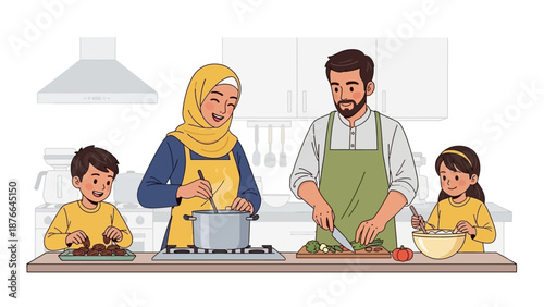 A Muslim family of four, including a man, woman, and two children, prepare a meal together in a modern kitchen with a cheerful atmosphere, celebrating Ramadhan Mubarak in Eid style.