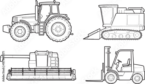 Detailed line art illustrations showcasing various agricultural and industrial vehicles, emphasizing the intricate design and function of each machine.