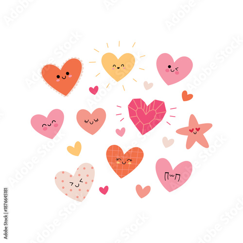 Cute Kawaii Heart Clipart Set with Smiling Faces for Valentine Design