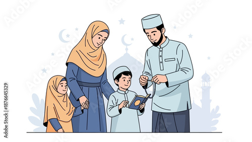 Vector illustration of a Muslim family celebrating Eid, with parents and two children in traditional attire, set against a stylized background with mosque and crescent moon elements.