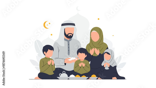 Vector illustration of a Muslim family celebrating Eid, with parents and children sitting together in traditional attire, conveying a sense of togetherness and festivity against a simple