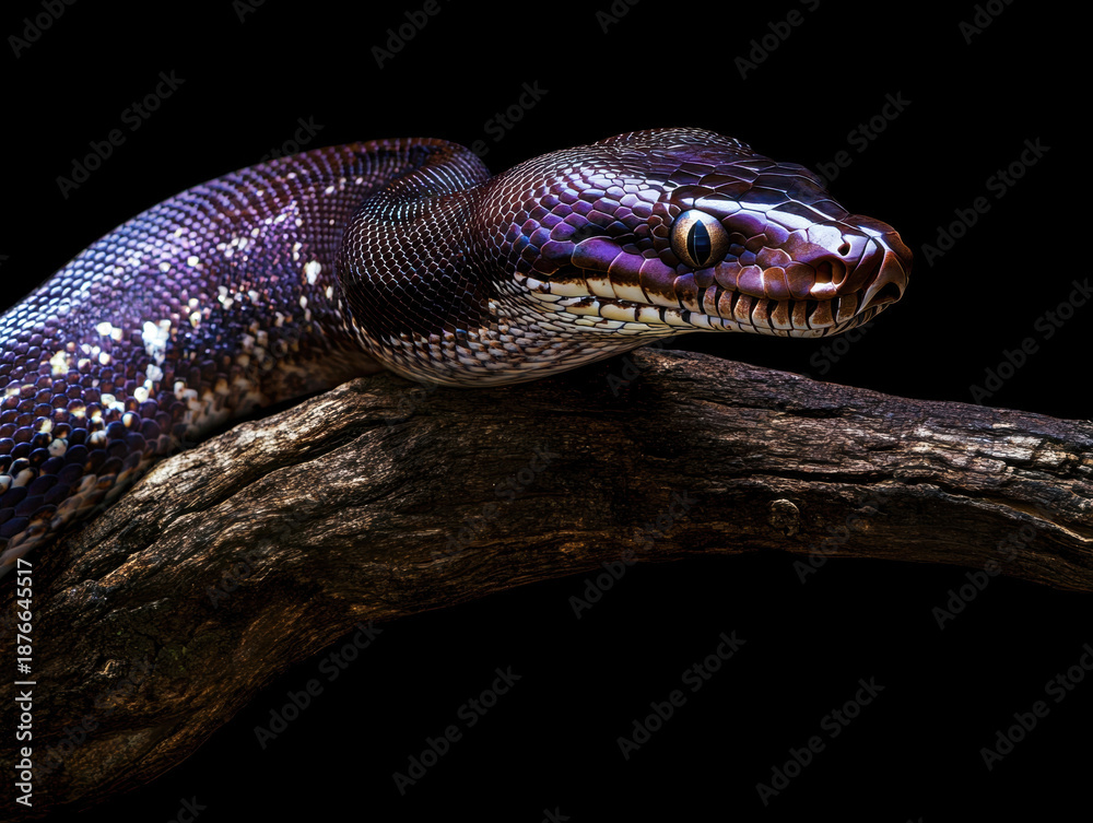 Fototapeta premium Colorful snake resting on a branch in dark surroundings
