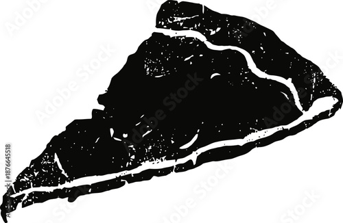 Black and white hand drawn illustration of a pizza slice with crust and textured surface