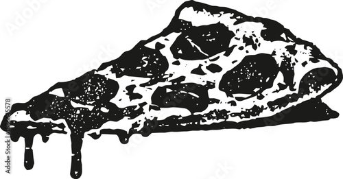 Slice of pepperoni pizza with melted cheese dripping, black and white sketch illustration