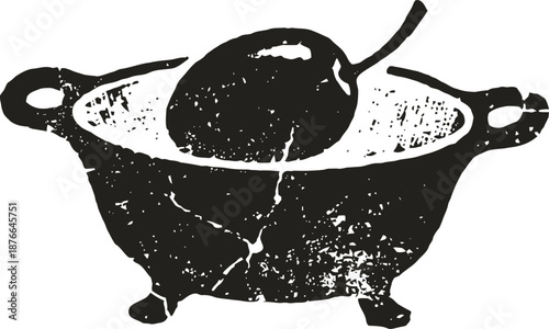 Antique stone mortar and pestle with cracked surface and smooth rounded pestle