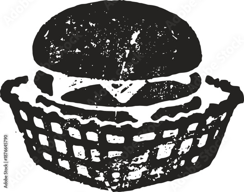 Classic hamburger in a basket, vintage ink drawing