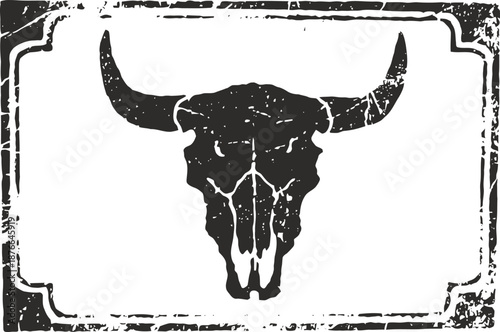 Grunge buffalo skull emblem with large curved horns on distressed vintage rectangular frame