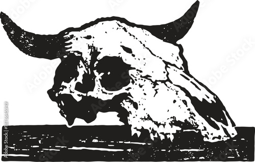 Black and white illustration of a bull skull resting on a wooden plank, rustic and vintage design