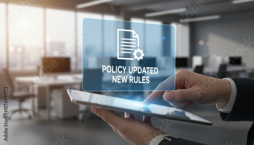 Business professional holding tablet with policy updated notification, Corporate compliance, new rules implementation, governance management, regulatory change, and digital documentation process.