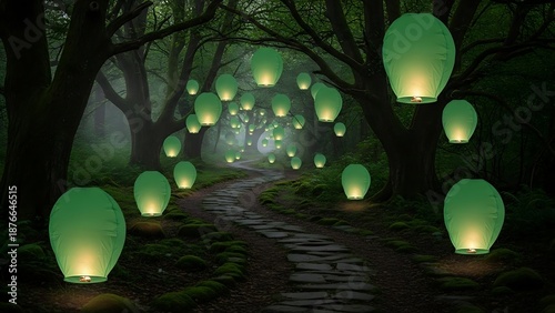 St Patrick's Day, Stone Path Through Misty Forest With Green Lanterns
