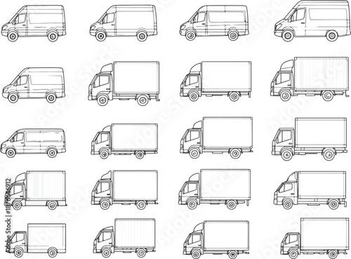 A fleet of diverse delivery vehicles in a black and white outline, emphasizing the versatility and efficiency of modern transport.
