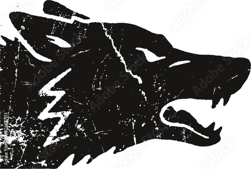 Grunge wolf head silhouette growling with open mouth and visible teeth