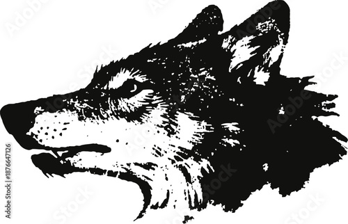 Wolf head illustration in black and white wild animal profile with detailed fur and intense gaze